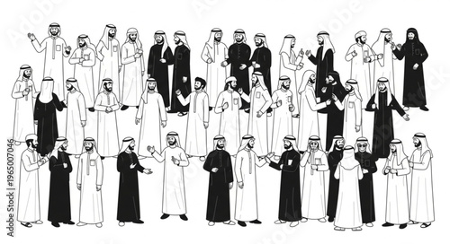 Group of Arab men in traditional attire, standing together.
