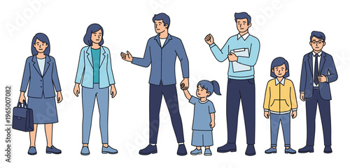 A diverse group of adult professionals and young children standing together, ideal for illustrating concepts of modern families, education, career development, and community support in