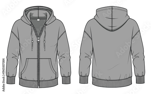 Versatile grey zipup hoodie technical flat sketch ideal for apparel product development and garment manufacturing specifications, providing a detailed fashion design template for clothing