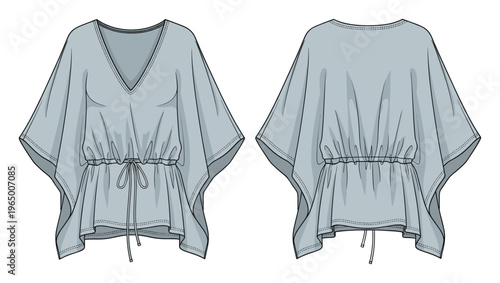 Stylish female kaftan style blouse with dolman sleeves and front tie detail perfect for clothing brand presentations and garment product development specifications