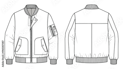 Flat technical drawing of a bomber jacket with front and back views showcasing ribbed collar cuffs and hem zipper closure and multiple functional pockets for apparel design and product
