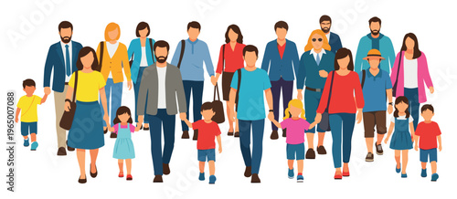 A large diverse group of men women and children walking together representing a community or population moving forward for various business and social applications