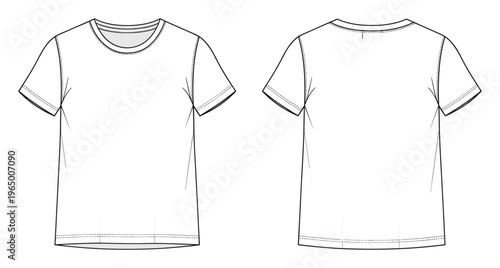 Detailed technical flat drawing of a short sleeve crew neck tshirt showcasing front and back views for clothing production and apparel product development