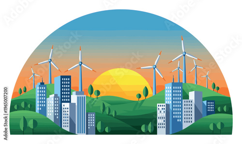 Modern cityscape featuring wind turbines on green rolling hills at sunrise, promoting sustainable energy solutions for urban development and environmental responsibility.