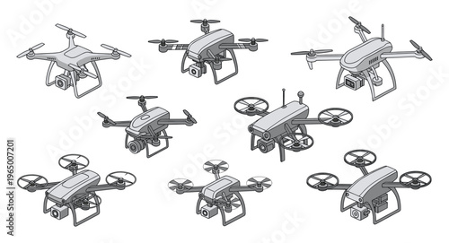 A diverse collection of aerial drones with cameras and various configurations for technology publications safety inspections or recreational flying guides
