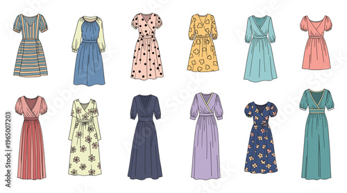 Collection of diverse womens casual dresses with various necklines and sleeve lengths, perfect for apparel guides, style inspiration, and digital projects