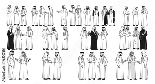 Group of Arab men in traditional attire, standing together.