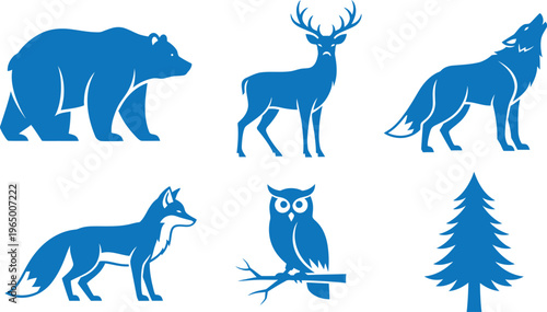 Blue silhouettes of forest animals and tree