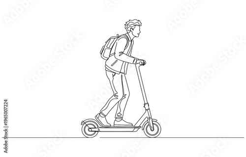 Continuous one line art of young happy businessman ride electric scooter to go to company.