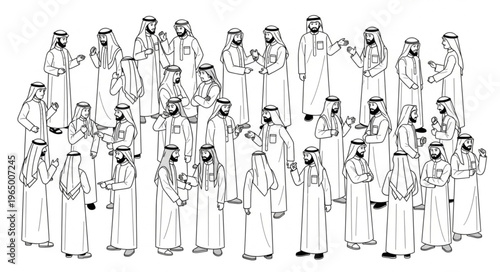 Group of Arab men in traditional attire standing together.