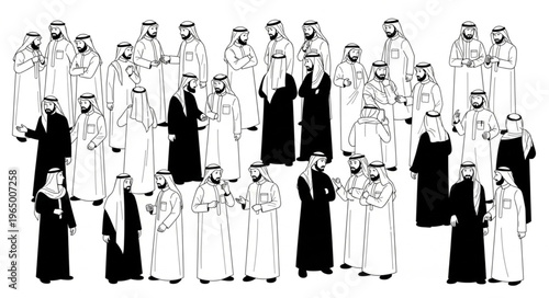 Group of Arab men in traditional attire, standing together.