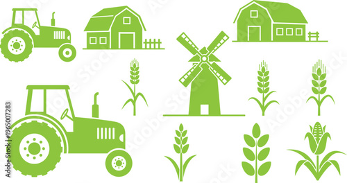 Farm icons and wheat illustrations on white background