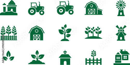 Farm icons and symbols in green on white background