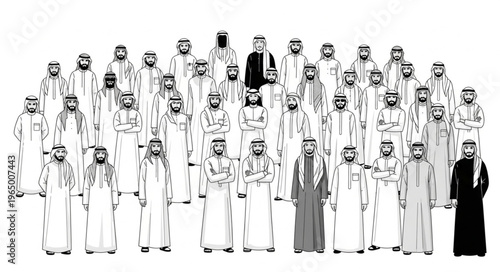 Group of Arab men in traditional attire standing together.