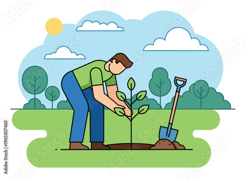 A man cultivates a plant in fertile soil within a vibrant green park under a bright sky, symbolizing growth and ecological sustainability for gardening and nature awareness campaigns.