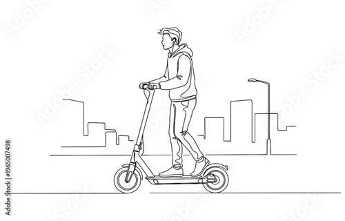 Continuous one line art of young happy businessman ride electric scooter to go to company.