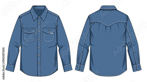 Classic blue denim long sleeve shirt for men with detailed front and back views showcasing stitching, pockets, and buttons perfect for clothing catalogs and ecommerce product listings
