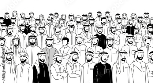 A large crowd of Arab men in traditional attire, standing together.