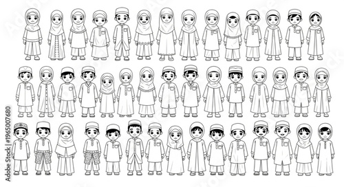 A large group of people in a line, all wearing similar outfits.