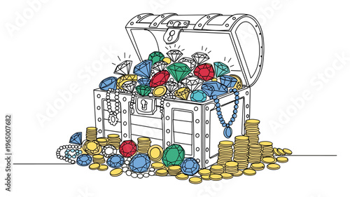A grand open treasure chest filled with sparkling diamonds colorful jewels stacks of gold coins and elegant pearl necklaces perfect for wealth prosperity or adventure concepts