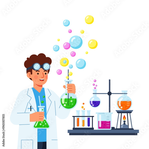 Scientist working in laboratory with bubbling chemical reactions and colorful liquids