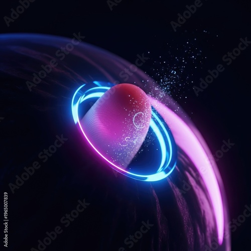 Abstract glowing sphere with neon ring and particles in dark space