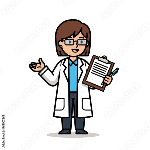 Cartoon Female Doctor in Lab Coat Holding Clipboard and Pen, Gesturing