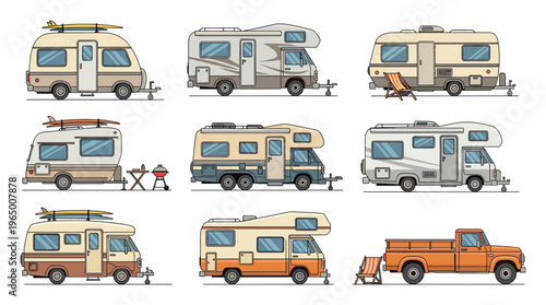 Collection of various recreational vehicles and camper vans, including travel trailers and a pickup truck, perfect for promoting road trips, outdoor adventure, and mobile living lifestyle