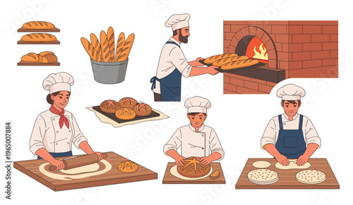 Asian bakers engaged in the complete bread making process, from rolling dough and shaping loaves to baking fresh baguettes and artisan breads in a traditional brick oven