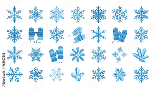 Assorted blue snowflake designs and pairs of comfortable winter mittens, ideal for seasonal greetings, winter event promotions, and decorative applications.