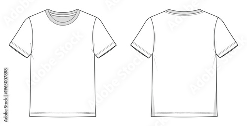 Apparel production short sleeve round neck tshirt technical drawing template for garment designers and clothing manufacturers to visualize product construction