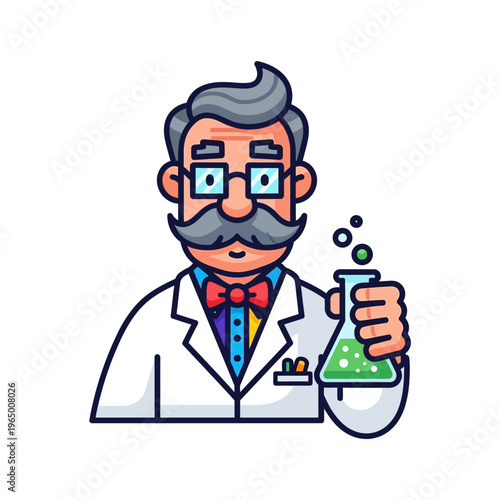 Cartoon Scientist Holding Flask with Bubbling Green Liquid - Retro Style