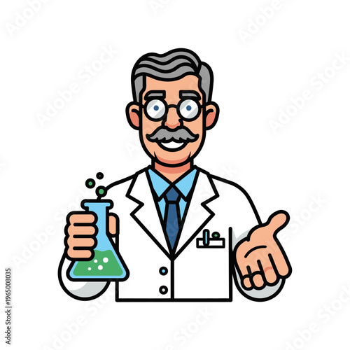 Cartoon Scientist Holding Flask with Green Bubbling Liquid