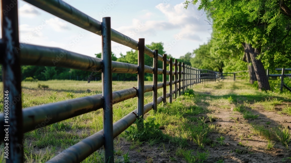 Fototapeta premium Serene Countryside Landscape with Rustic Fence and Lush Greenery under Bright Blue Sky