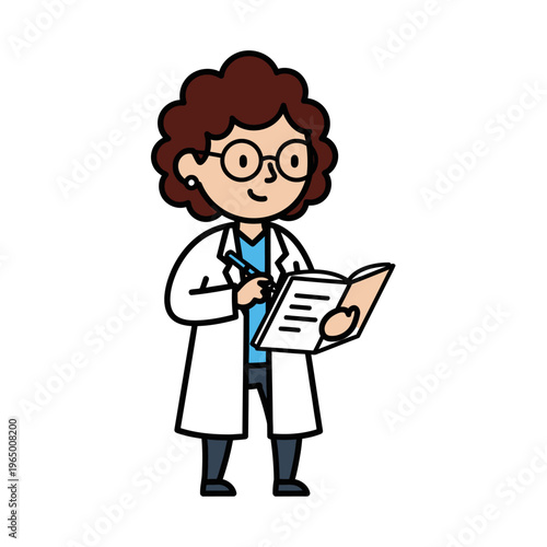 Cartoon Scientist Woman Writing Notes in Lab Coat and Glasses