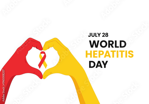 World hepatitis day awareness campaign with red and yellow hands forming a heart