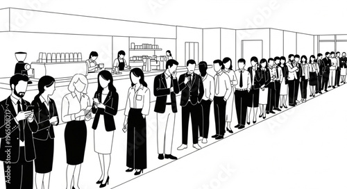 A long line of diverse people waiting patiently in a modern office setting.