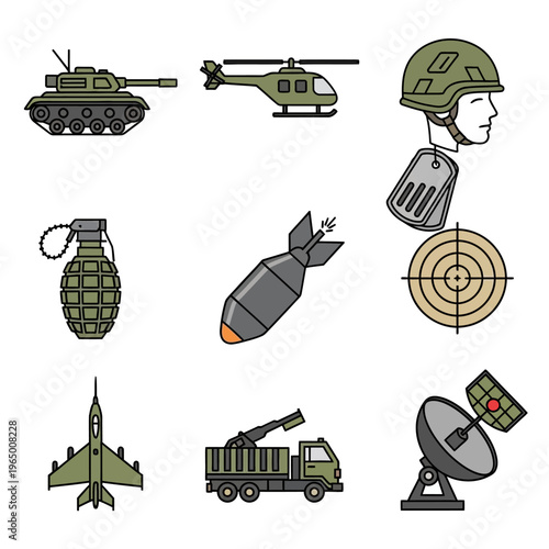 Military Equipment Icons: Tank, Helicopter, Jet, Grenade, Bomb, Truck, Radar, Helmet, Target