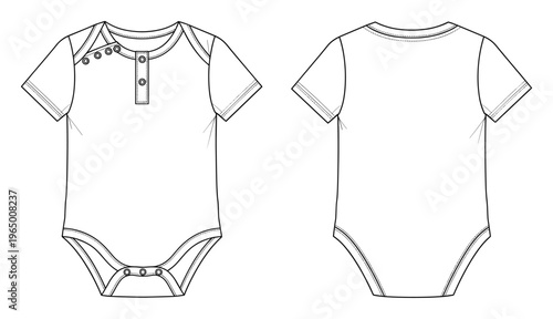 Infant short sleeve baby romper outline technical drawing showcasing front and back views for garment development, product specification, and apparel production.