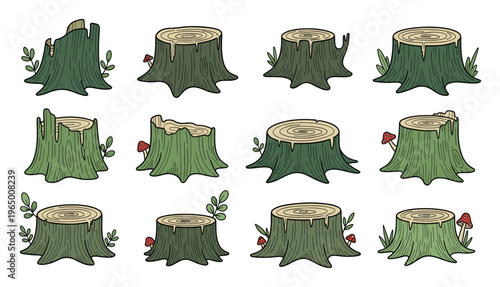 Collection of natural tree stumps displaying various wood textures, some adorned with fresh green leaves, grass, or red mushrooms, perfect for ecological awareness and forest themed