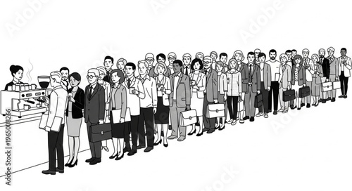 A long line of diverse people waiting patiently in a queue.