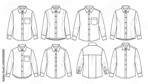 A comprehensive set of long sleeve button up shirt technical flats providing detailed templates for apparel designers and garment production in the textile industry.