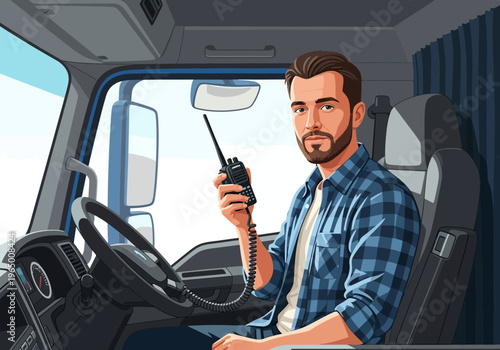 Truck driver with radio in hand