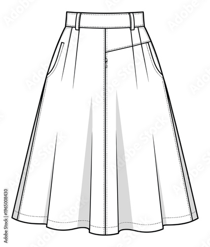 Classic pleated midi skirt with functional pockets and a structured waistband offering a versatile clothing design for apparel product development and garment technical specification