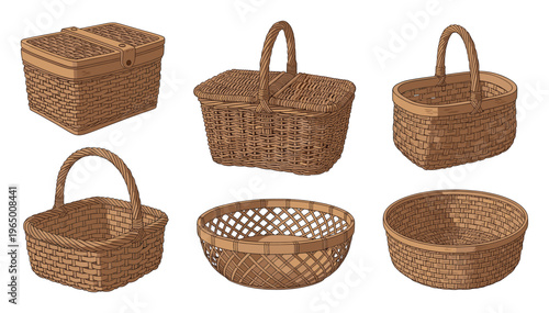 Assortment of classic woven wicker baskets providing practical and aesthetic solutions for household organization, outdoor activities, or decorative display purposes.