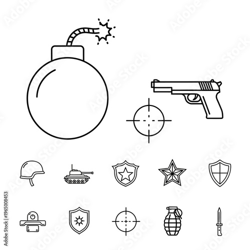 Military Icons Set: Bomb, Gun, Tank, Helmet, Star, Shield, Grenade, Knife