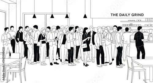 A long line of people waiting at a coffee shop counter.