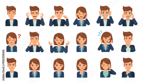 A collection of varied emotional facial expressions and human feelings displayed by different characters, perfect for illustrating diverse moods and reactions in communication projects.