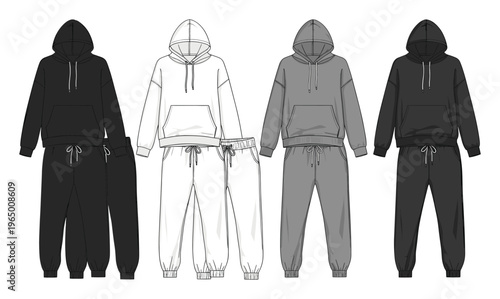 Comfortable oversized hoodie and jogger sweatpants loungewear apparel technical drawing template for clothing catalogs or casual wear design resources.
