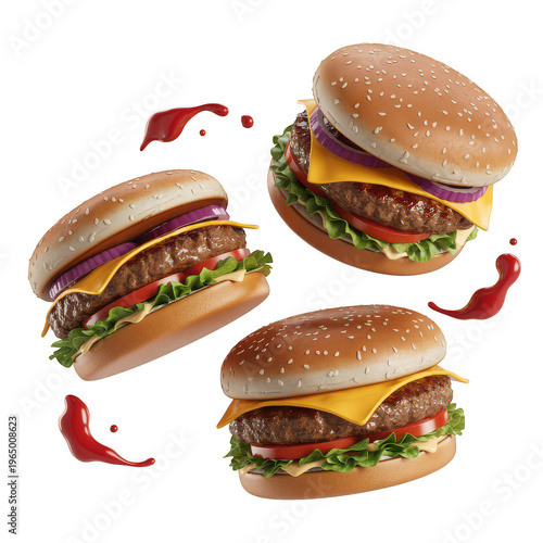 Three cheeseburgers with lettuce tomato and chili peppers on a black background